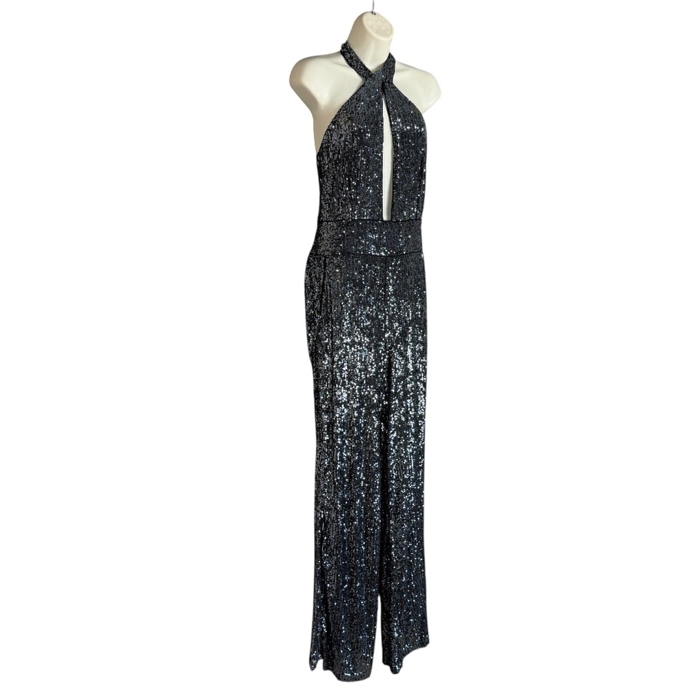 Maeve Anthropologie Black Silver Sequin Halter Jumpsuit Wide Leg Evening Size 10 - Picture 12 of 17